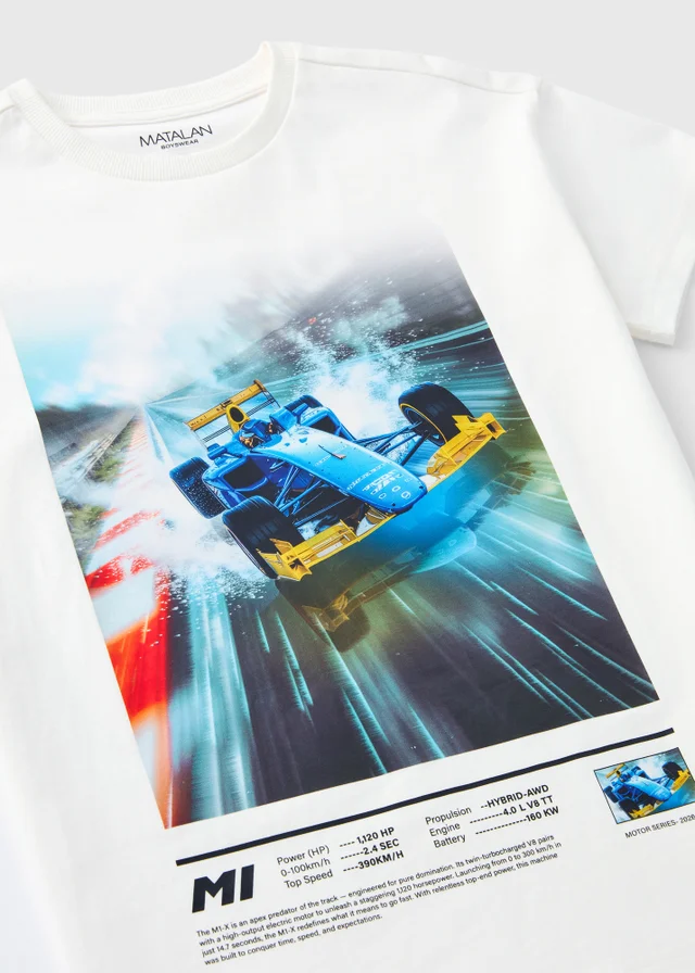 Boys White Racing Car T-Shirt (7-15yrs)
