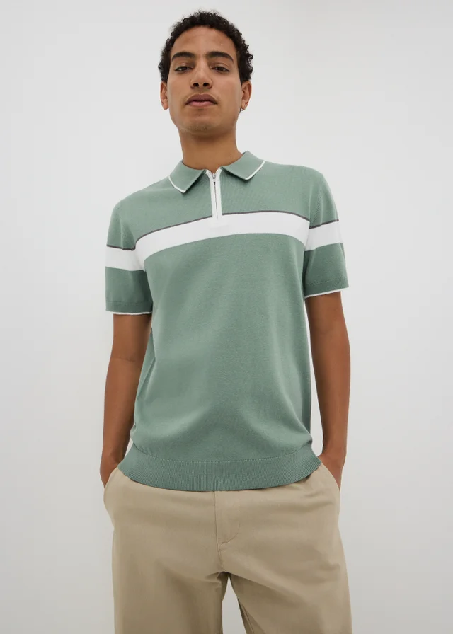 Sage Green Colour Block Zip Knitted Polo Shirt