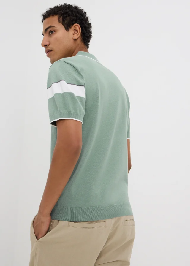 Sage Green Colour Block Zip Knitted Polo Shirt