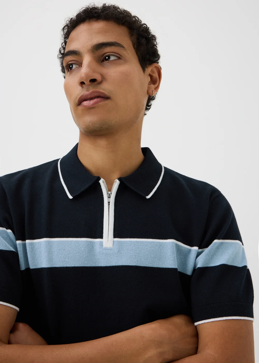 Navy Colour Block Zip Knitted Polo Shirt - S Image 3