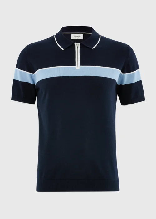 Navy Colour Block Zip Knitted Polo Shirt - S Image 2