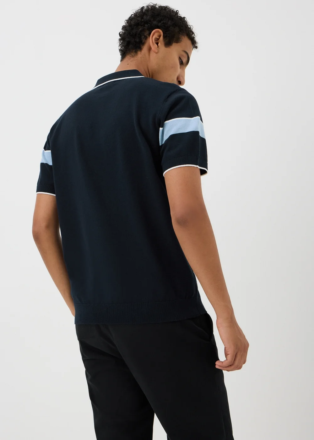 Navy Colour Block Zip Knitted Polo Shirt - S Image 2
