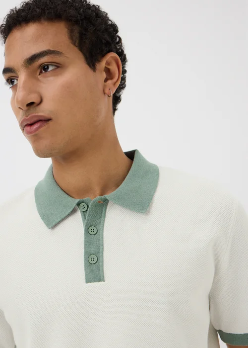 Cream Pique Contrast Collar Polo Shirt - S Image 3