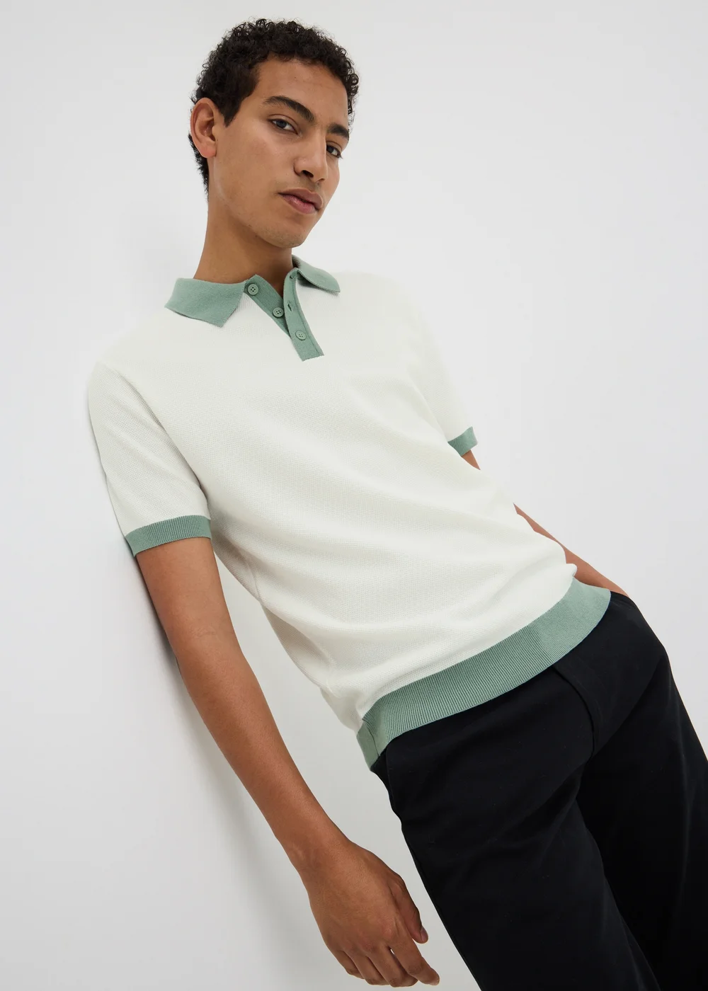 Cream Pique Contrast Collar Polo Shirt - S Image 1