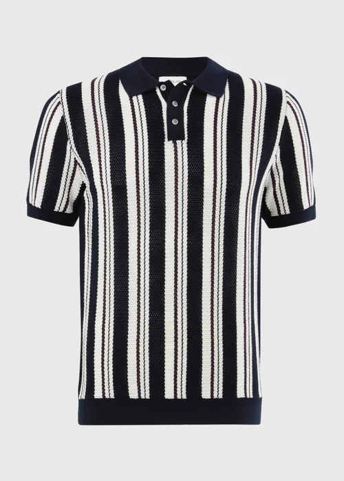 Navy Stripe Knitted Polo Shirt - S Image 2