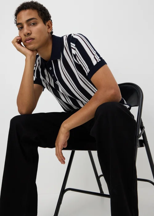 Navy Stripe Knitted Polo Shirt - S Image 1