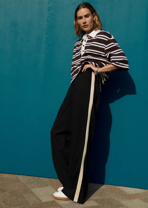 Black Ponte Side Stripe Wide Leg Trousers - 8/L29 Image 2