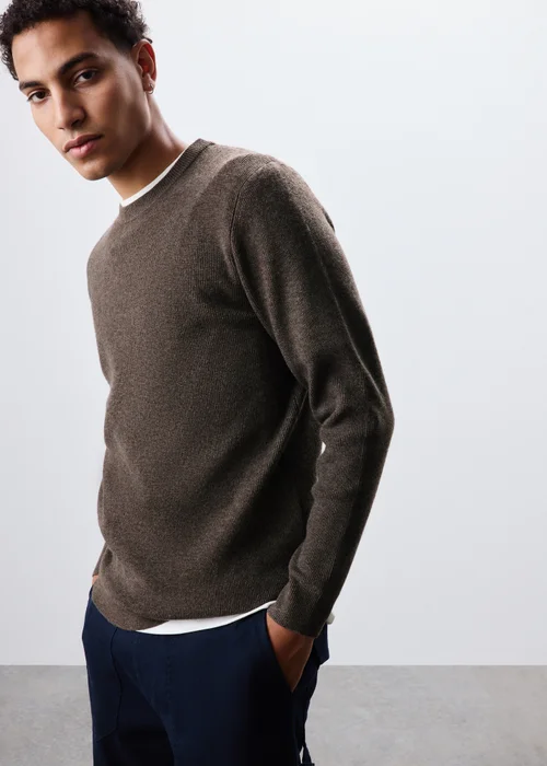 Brown Smart Ribbed Crew Neck Jumper - S Image 1