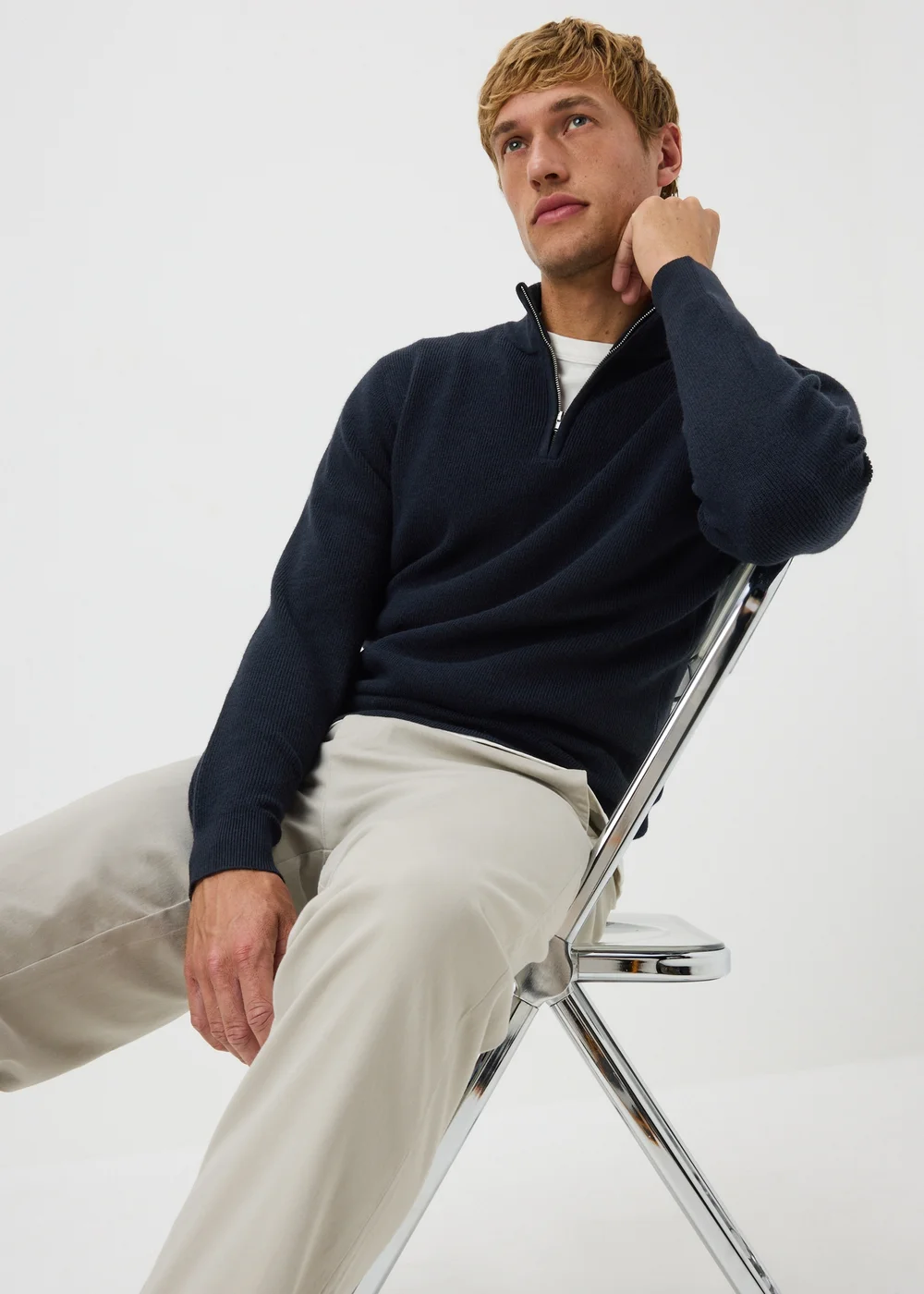 Navy 1/4 Zip Smart Ribbed Jumper - M Image 1