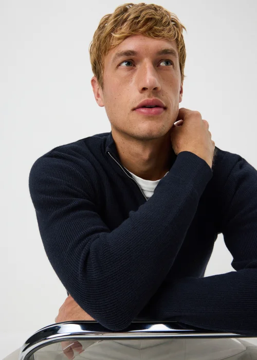 Navy 1/4 Zip Smart Ribbed Jumper - M Image 3