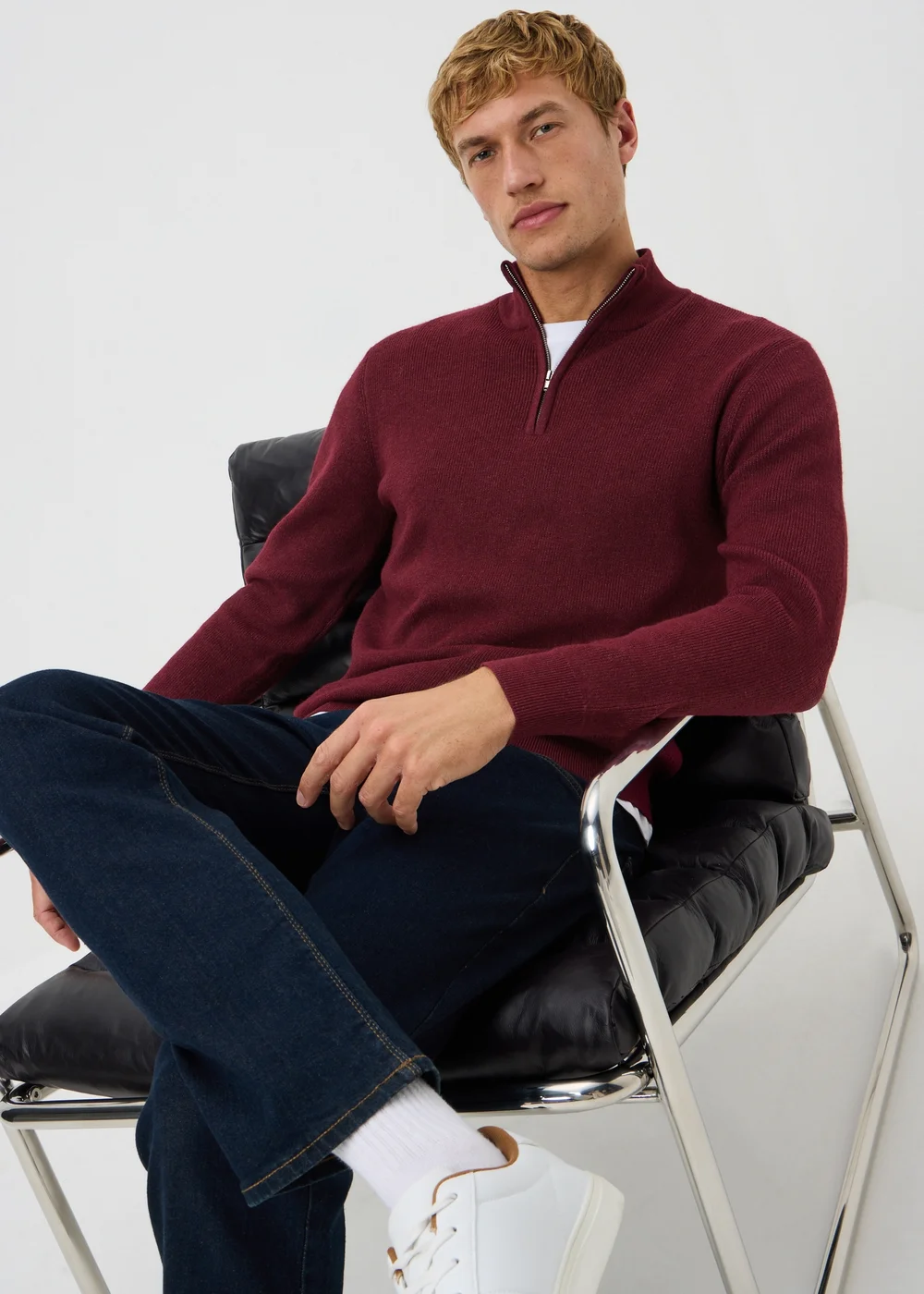 Burgundy 1/4 Zip Smart Ribbed Jumper - S Image 1
