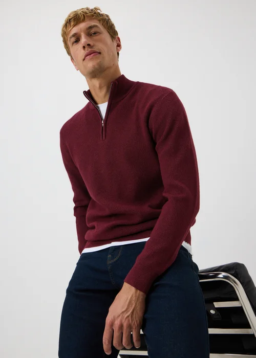 Burgundy 1/4 Zip Smart Ribbed Jumper - S Image 2