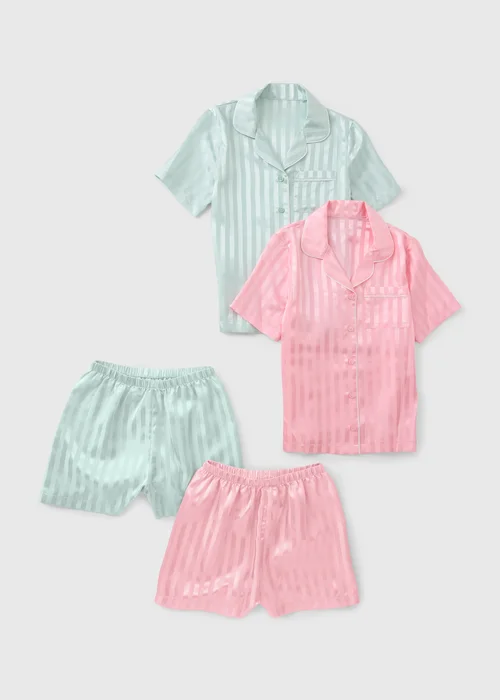 2 Pack Girls Multicolour Jacquard Satin Short Pyjama Set (4-13yrs) - 4 Yrs Image 1