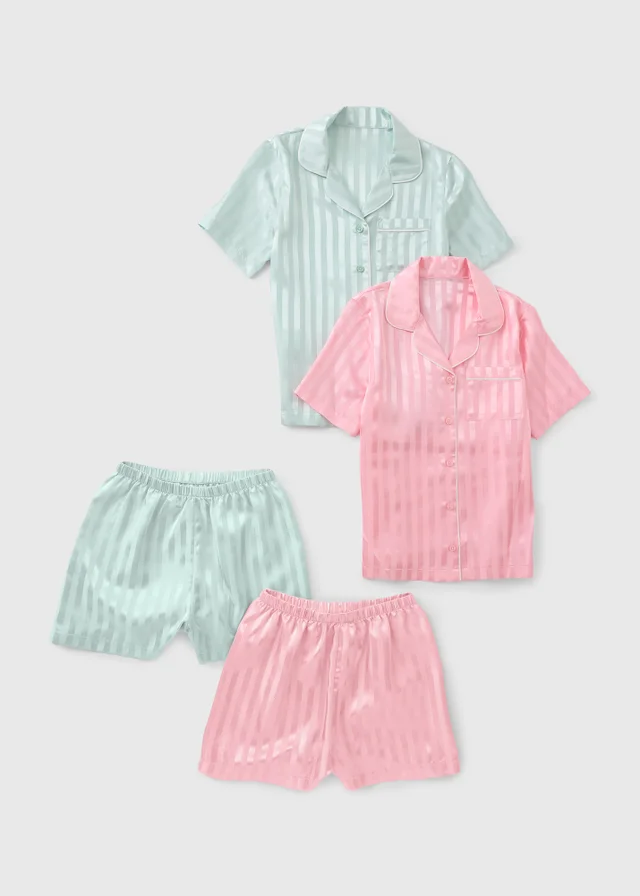 2 Pack Girls Multicolour Jacquard Satin Short Pyjama Set (4-13yrs)