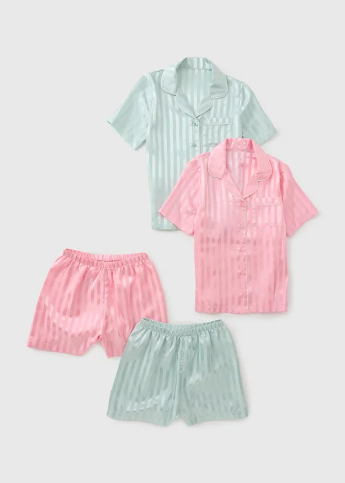 2 Pack Girls Multicolour Jacquard Satin Short Pyjama Set (4-13yrs) - 4 Yrs Image 1