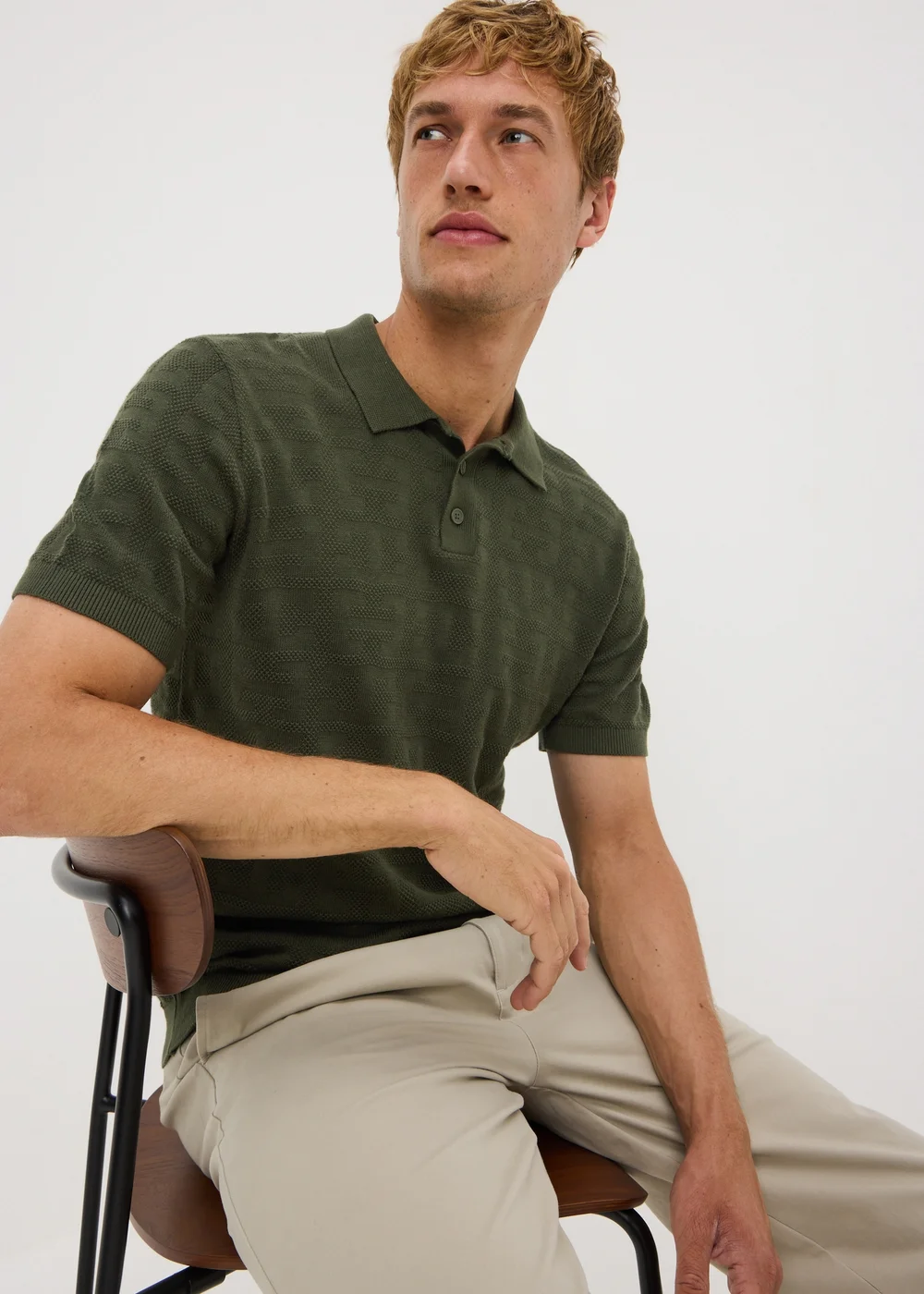 Khaki Pointelle Design Polo Shirt - 2XL Image 1