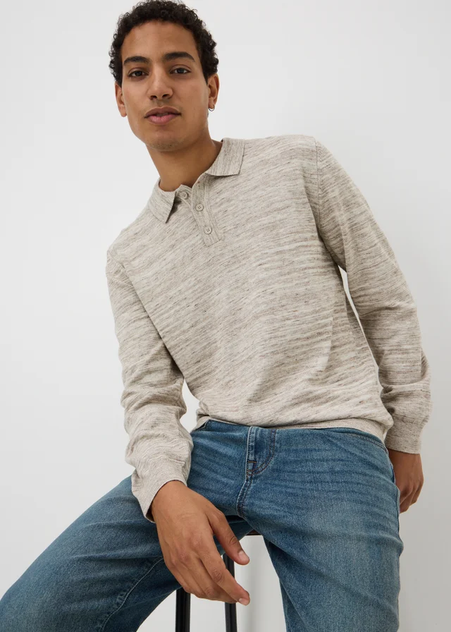 Stone Space Dye Long Sleeve Knitted Polo Shirt