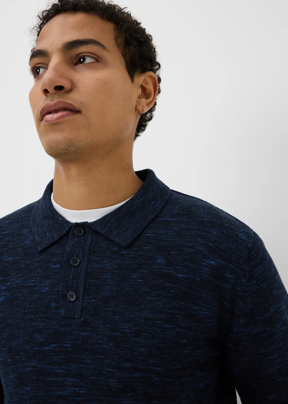 Navy Space Dye Long Sleeve Knitted Polo Shirt - M Image 2