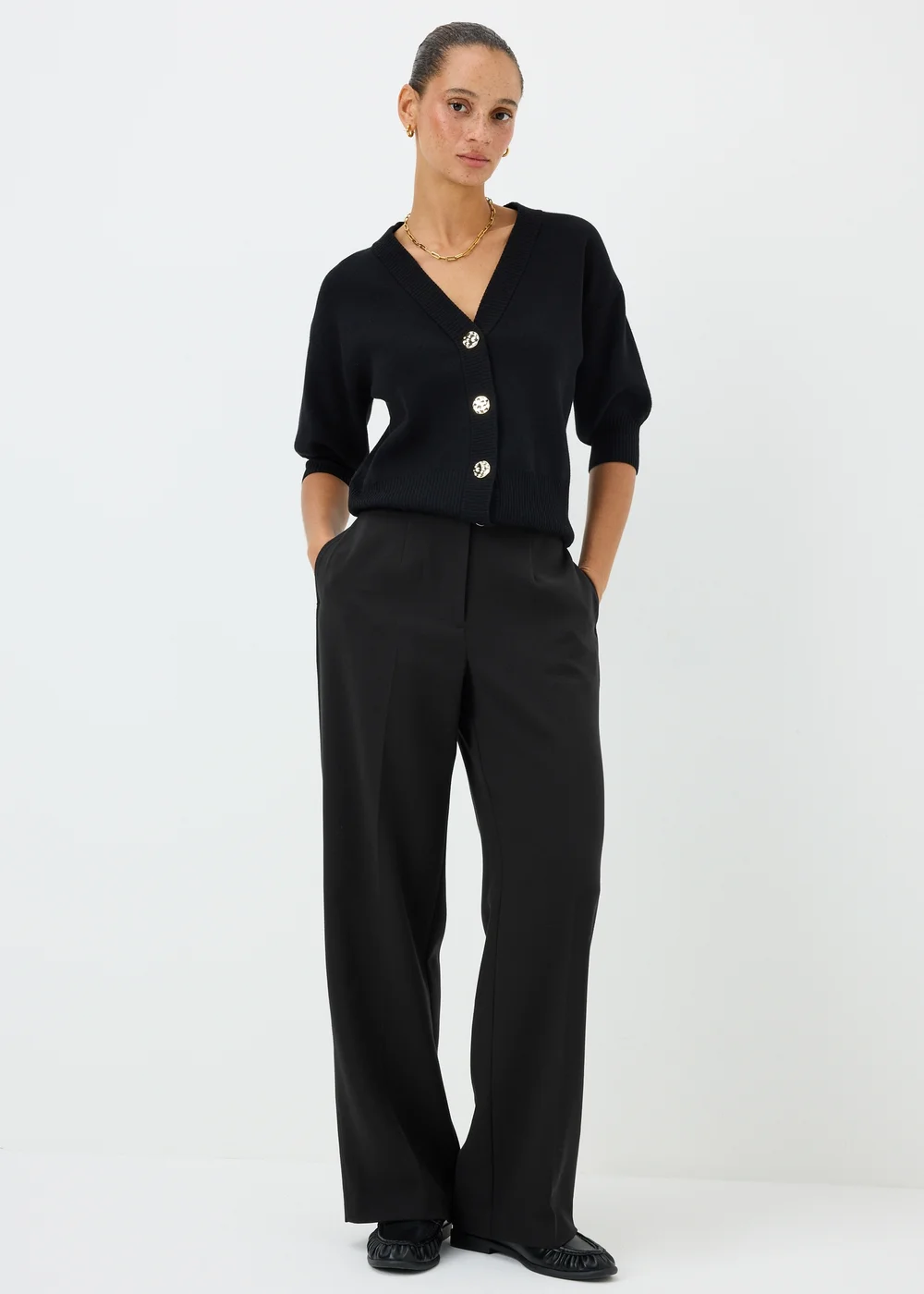 Black Textured Woven Wide Leg Trousers - 8/L29 Image 1