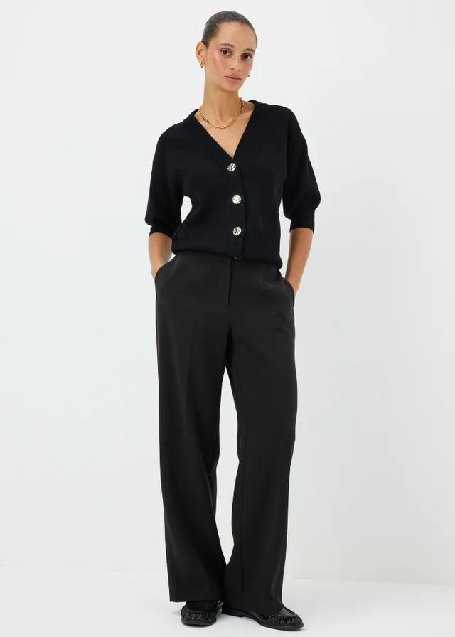 Black Textured Woven Wide Leg Trousers