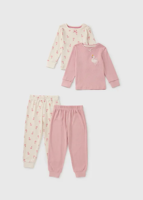 2 Pack Girls Pink Swan Long Pyjama Sets (1-7yrs) - 1-1.5 Yrs Image 1
