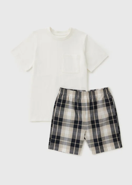 Boys Cream Check Short Pyjama Set (7-13yrs) - 7 Yrs Image 1