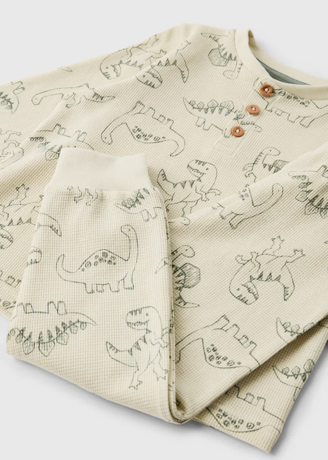 Boys Cream Dinosaur Waffle Long Pyjama Set (1-7yrs)