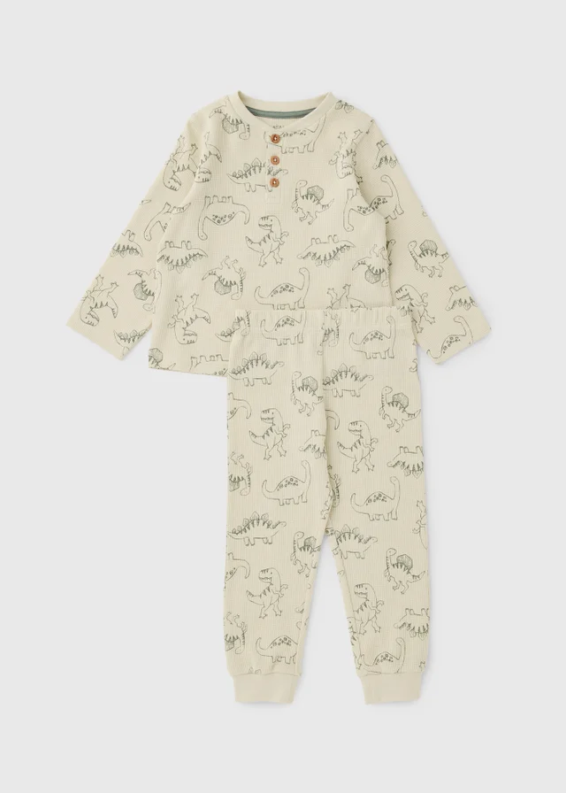 Boys Cream Dinosaur Waffle Long Pyjama Set (1-7yrs)