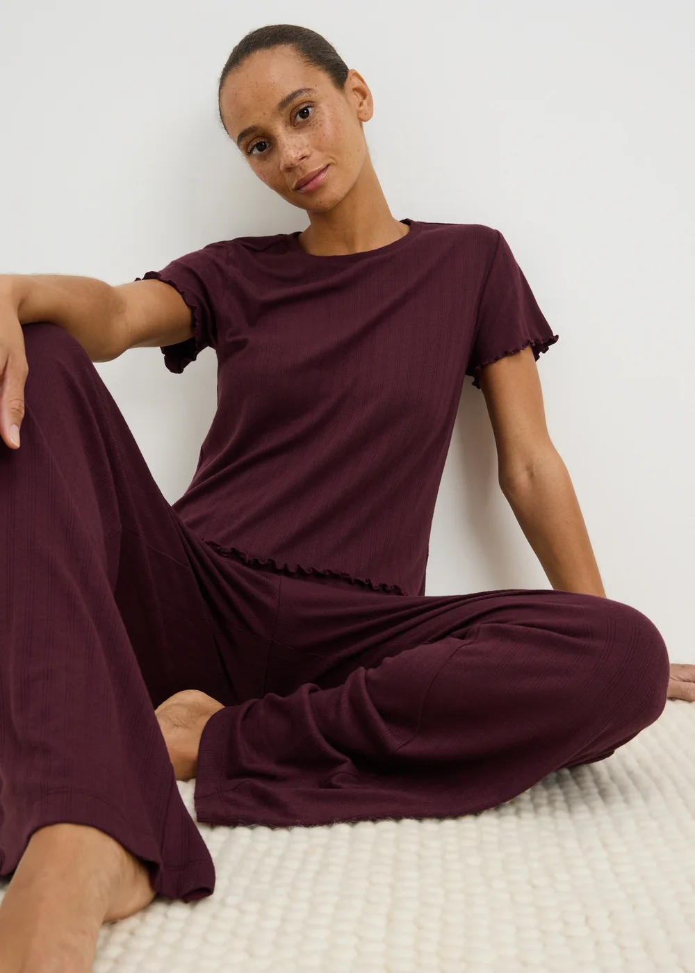 Burgundy Pointelle Wide Leg Pyjama Set - XS Image 1