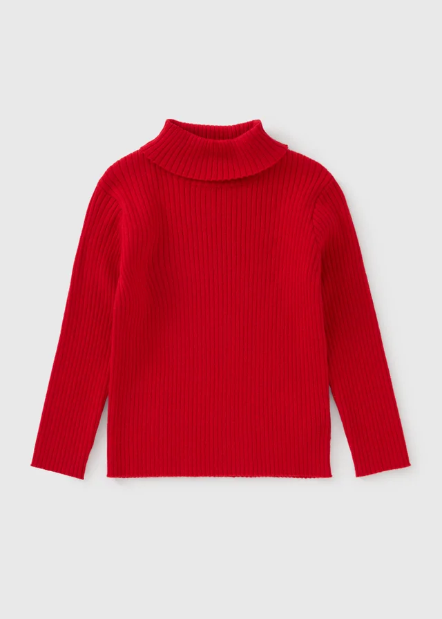 Girls Red Ribbed Knit Roll Neck Jumper (1-8yrs)