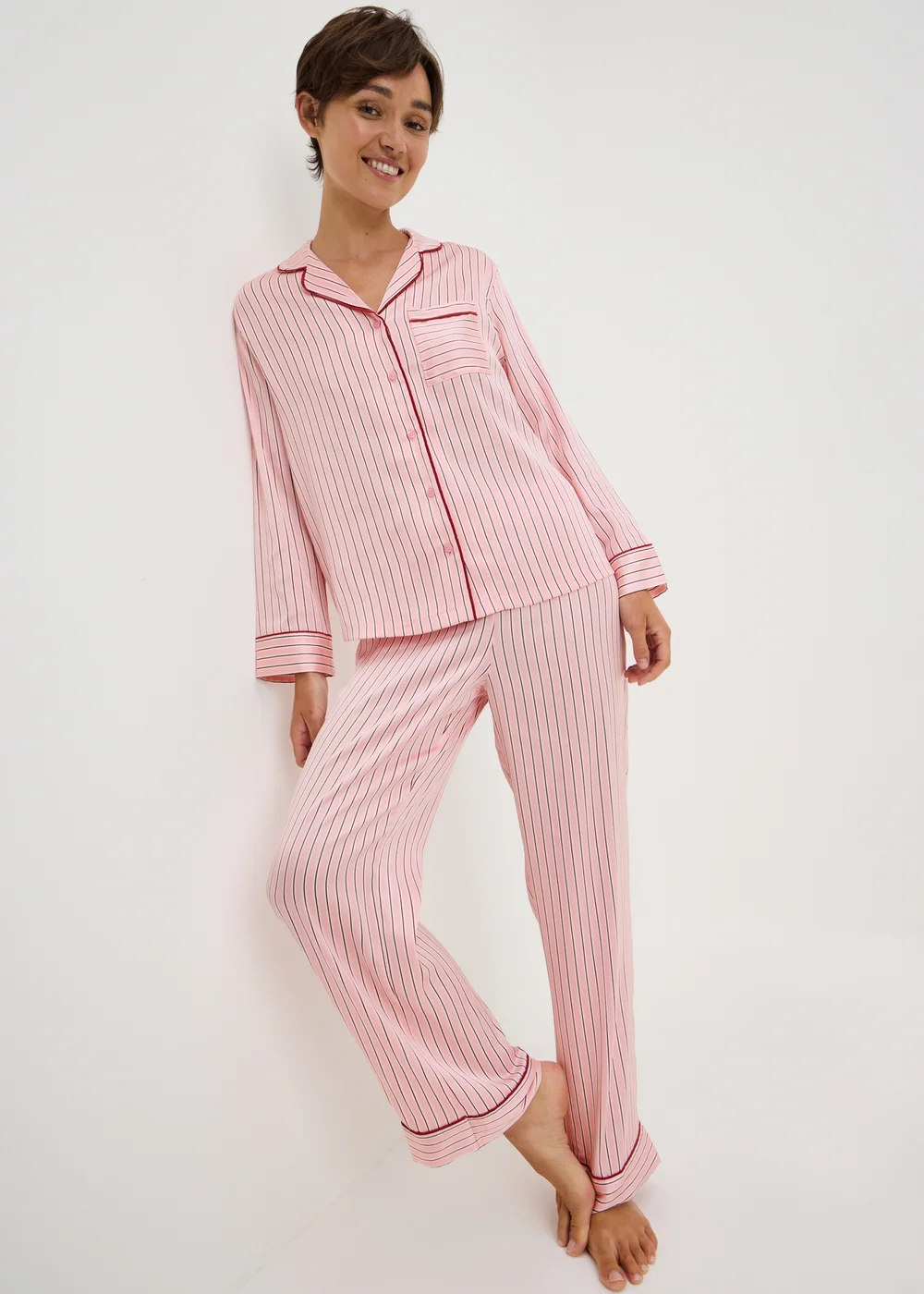 Pink Stripe Satin Traditional Pyjama Set - 8 Image 1