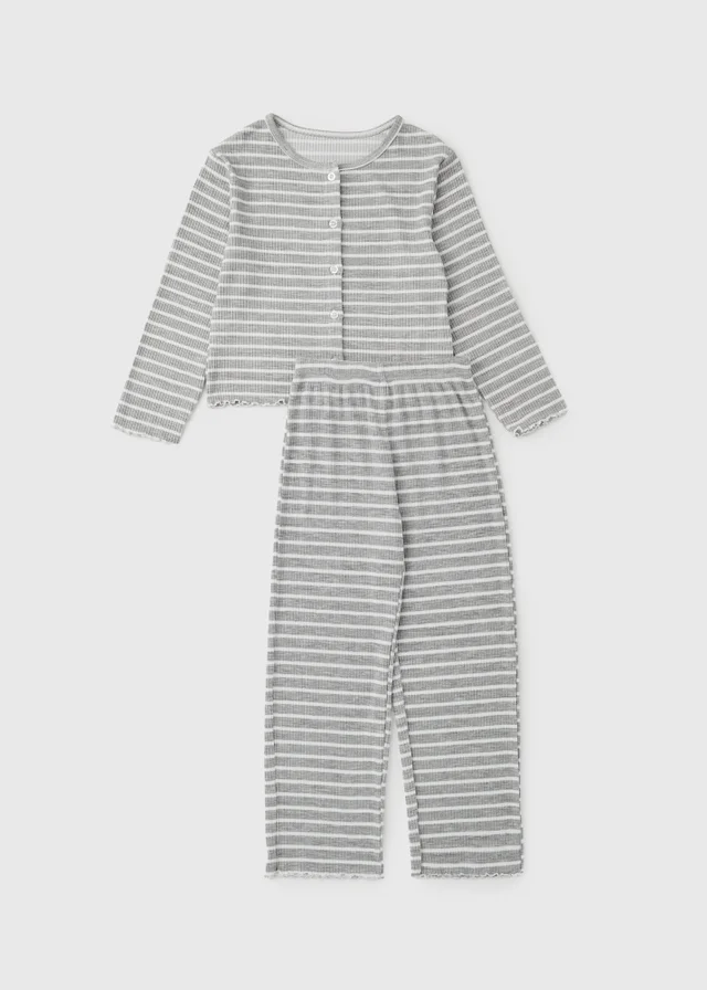 Girls Grey Striped Ribbed Lounge Pyjama Set (7-13yrs)