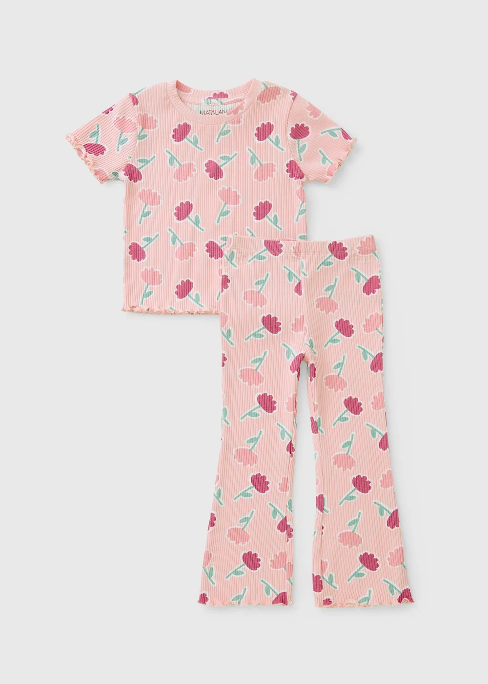 Pink Flower Ribbed Top and Flared Legging Set (1-8 Yrs) - 1-1.5 Yrs Image 1