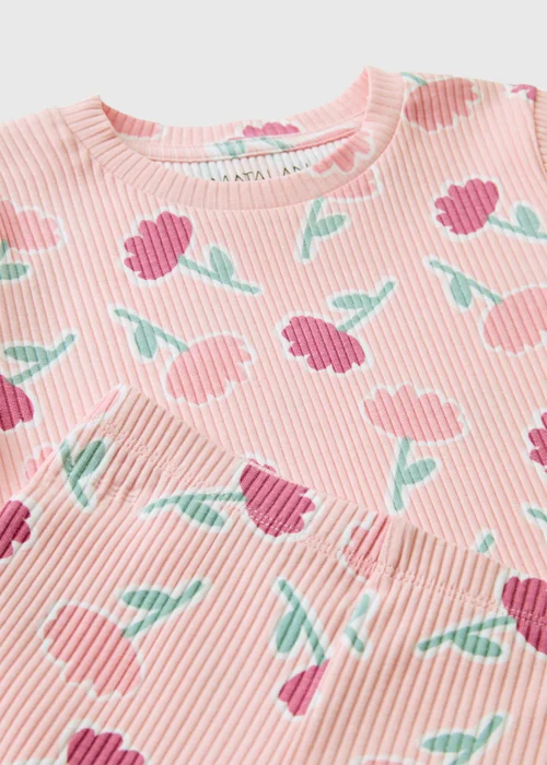 Pink Flower Ribbed Top and Flared Legging Set (1-8 Yrs) - 1-1.5 Yrs Image 2