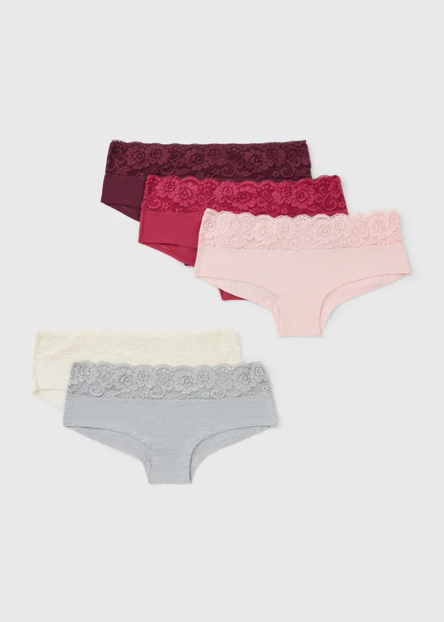5 Pack Pink Lace Trim Short Knickers
