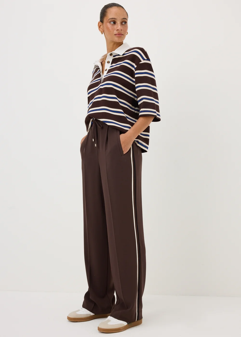 Chocolate Brown Side Stripe Wide Leg Trousers - 8/L29 Image 1