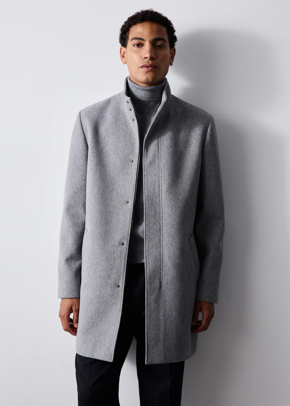 Grey Twill Funnel Neck Overcoat - XS Image 1