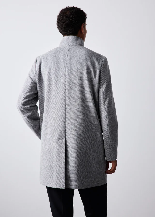 Grey Twill Funnel Neck Overcoat