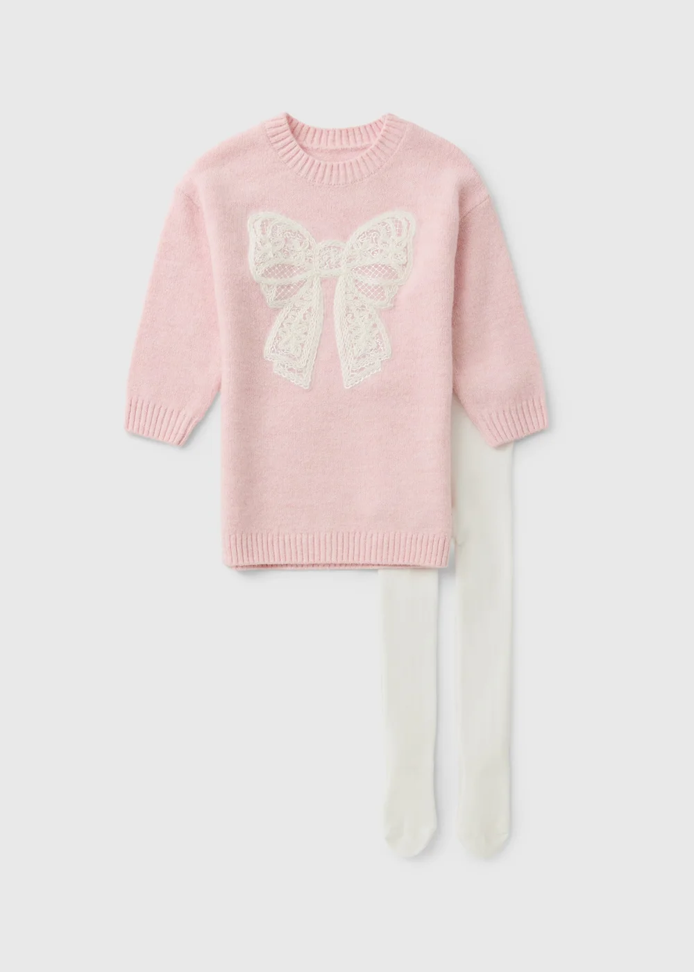 Girls Pink Bow Knitted Dress & Tights Set (1-8 Yrs) - 1-1.5 Yrs Image 1