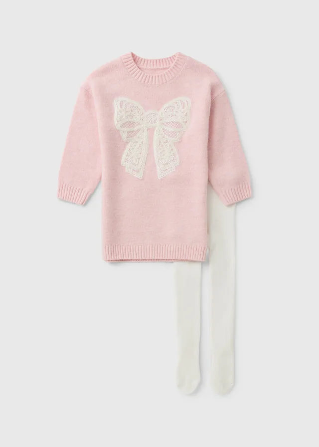 Girls Pink Bow Knitted Dress & Tights Set (1-8 Yrs)