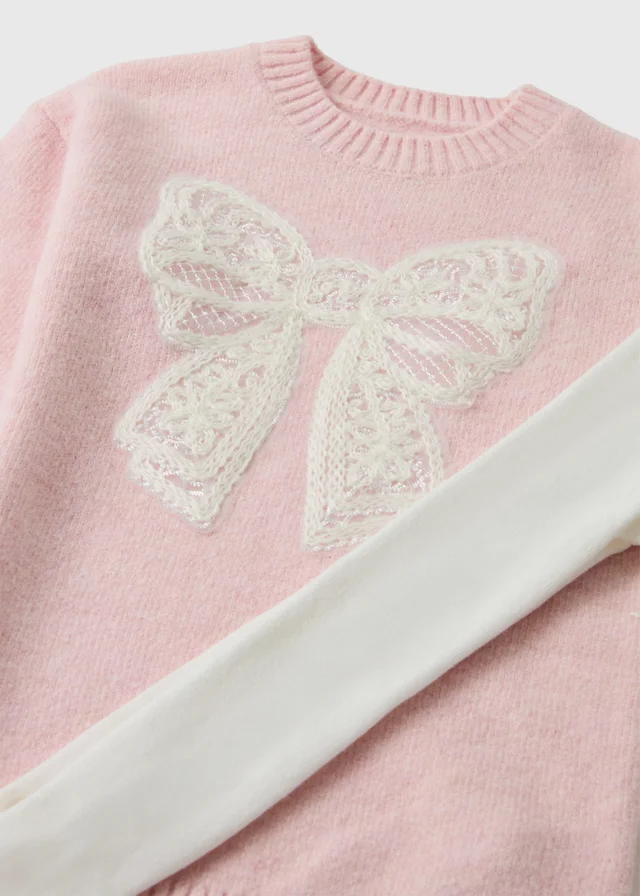 Girls Pink Bow Knitted Dress & Tights Set (1-8yrs)