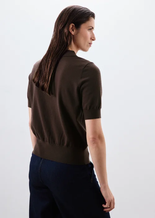 Chocolate Brown Knitted Collared Short Sleeve Jumper - XS Image 2