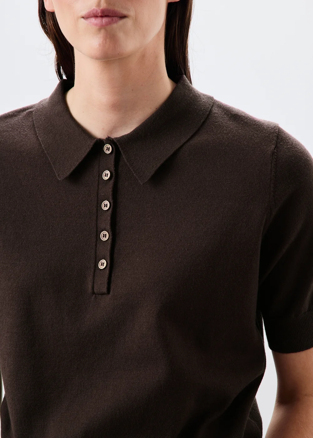 Chocolate Brown Knitted Collared Short Sleeve Jumper - XS Image 3