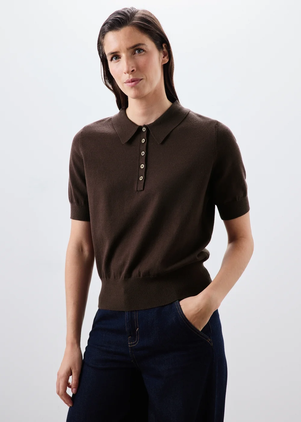 Chocolate Brown Knitted Collared Short Sleeve Jumper - XS Image 1