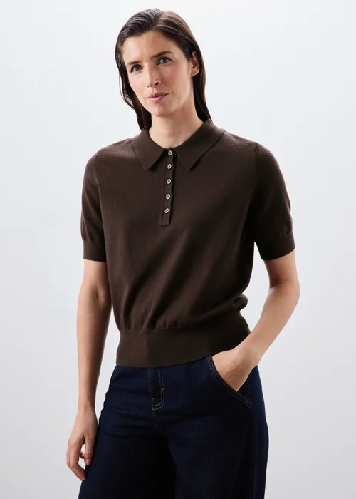 Chocolate Brown Knitted Collared Short Sleeve Jumper - XS Image 1