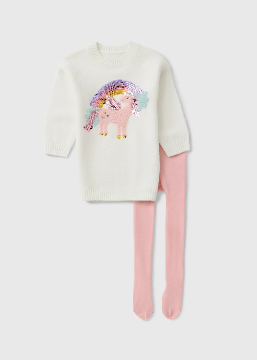 Girls Cream Knitted Unicorn Dress & Tights Set (1-8yrs) - 1-1.5 Yrs Image 1