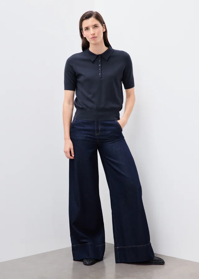 Navy Knitted Collared Short Sleeve Jumper