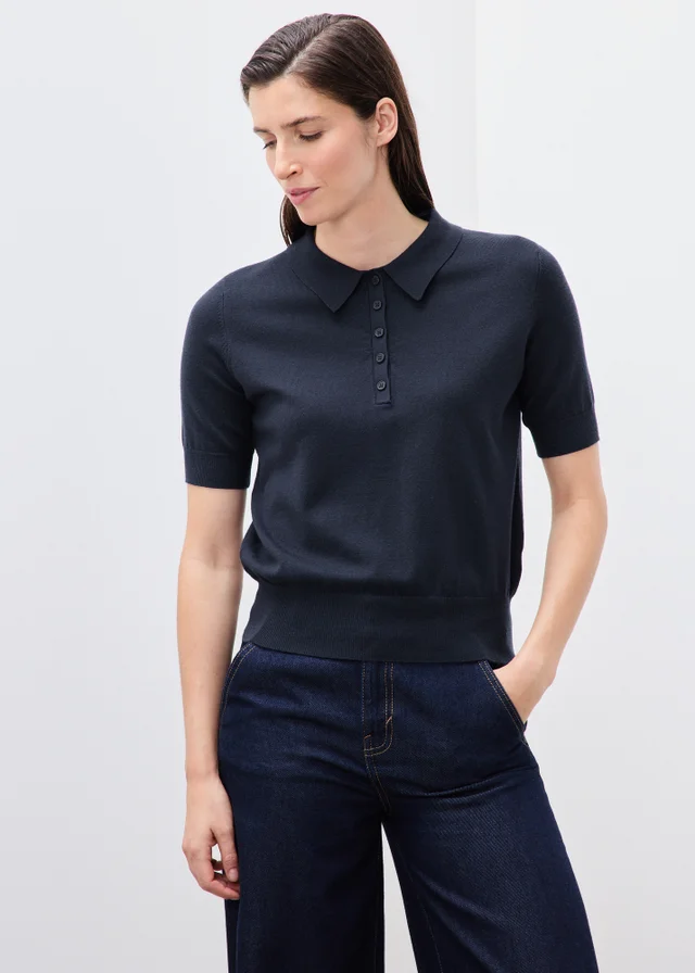 Navy Knitted Collared Short Sleeve Jumper