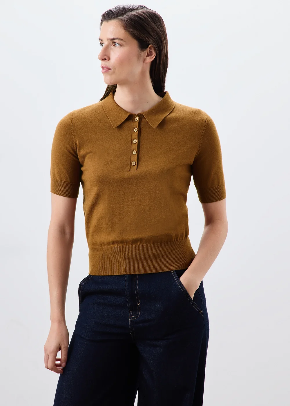 Camel Knitted Collared Short Sleeve Jumper - XS Image 1
