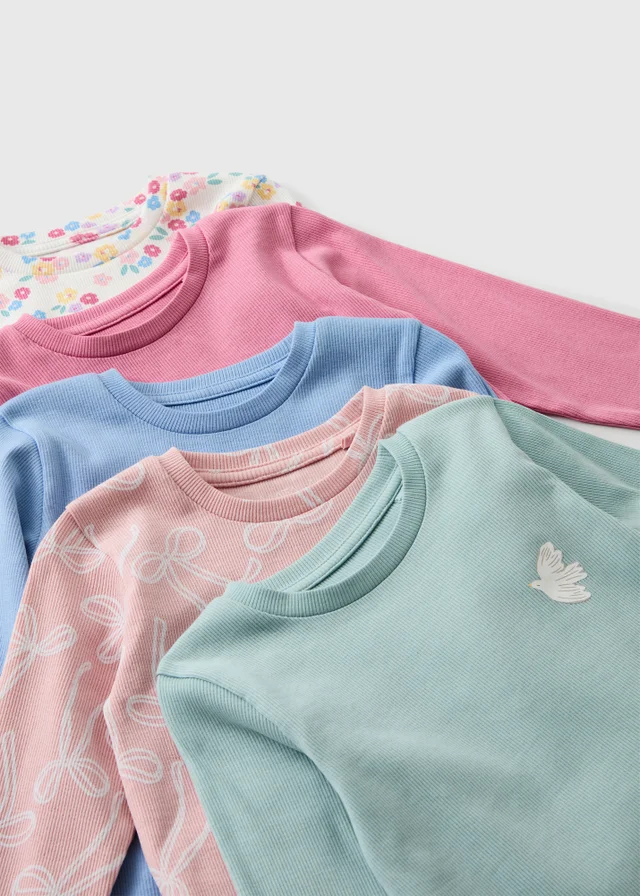 5 Pack Girls Multicolour Patterned Ribbed T-Shirts (1-8yrs)